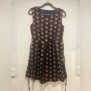 Cat Print Sleeveless Dress with Waist Tie